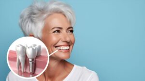 Smiling older woman with a dental implant